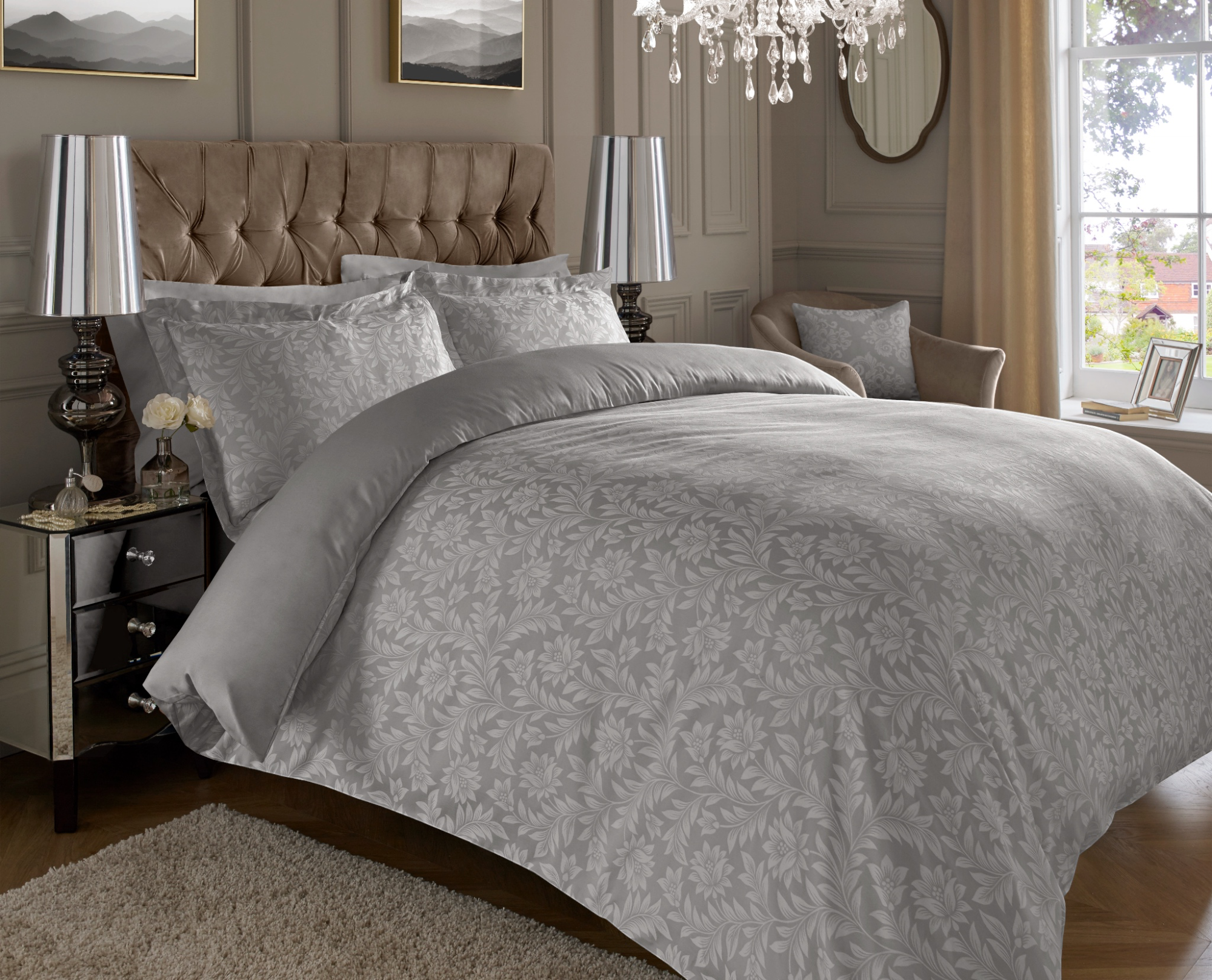 Silver Jacquard/Damask Sheets — CVC bed sheets by Royal Mills, India